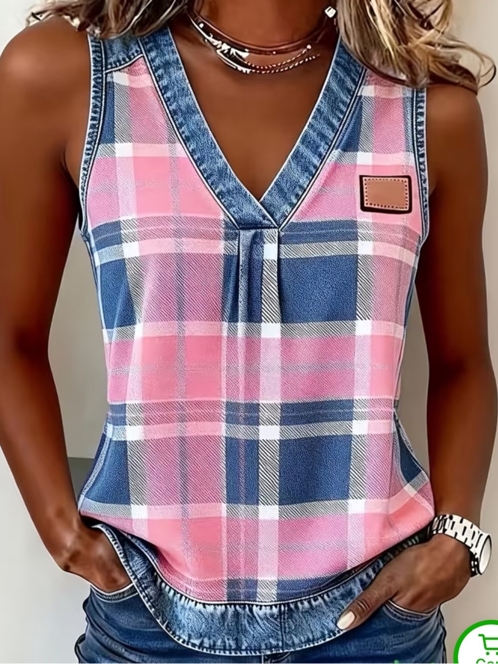 Plaid V-Neck Sleeveless Top - Pink & Blue